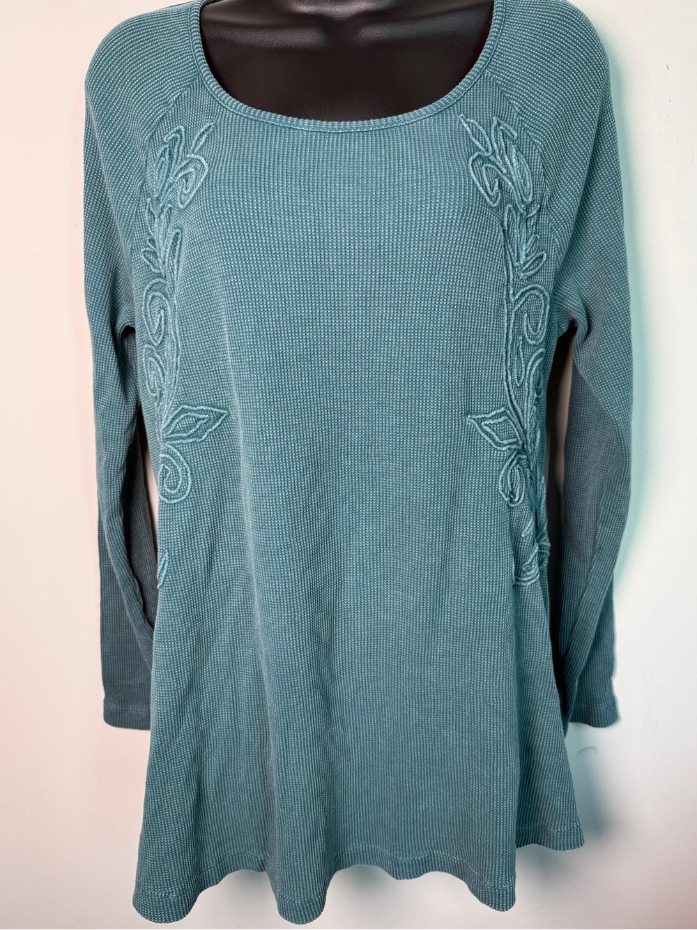 Soft Surroundings Embroidered Waffle Knit Thermal Top Teal Boho Sz M